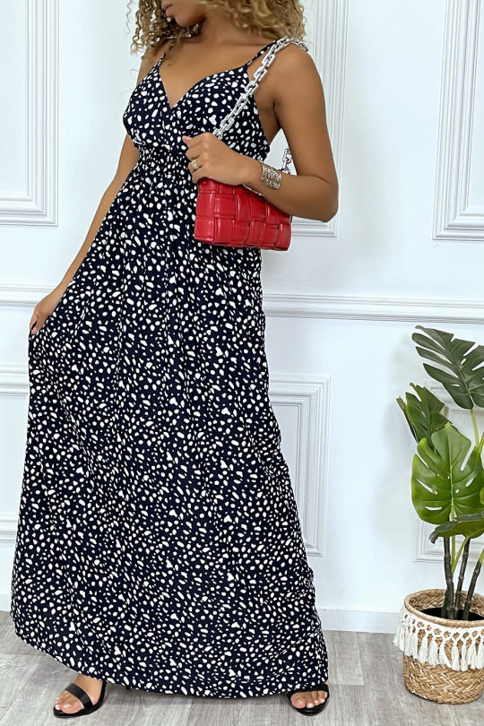Long navy dress with white pattern crossed at the bust with elastic at the waist and at the back - 1