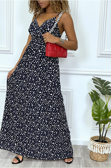Longue robe marine motif blanc croisé au buste cintré avec élastique à la taille et au dos - 2