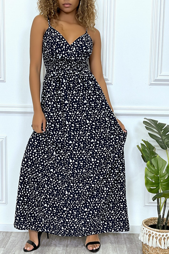 Long navy dress with white pattern crossed at the bust with elastic at the waist and at the back - 3