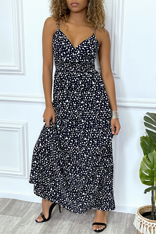 Long navy dress with white pattern crossed at the bust with elastic at the waist and at the back - 5