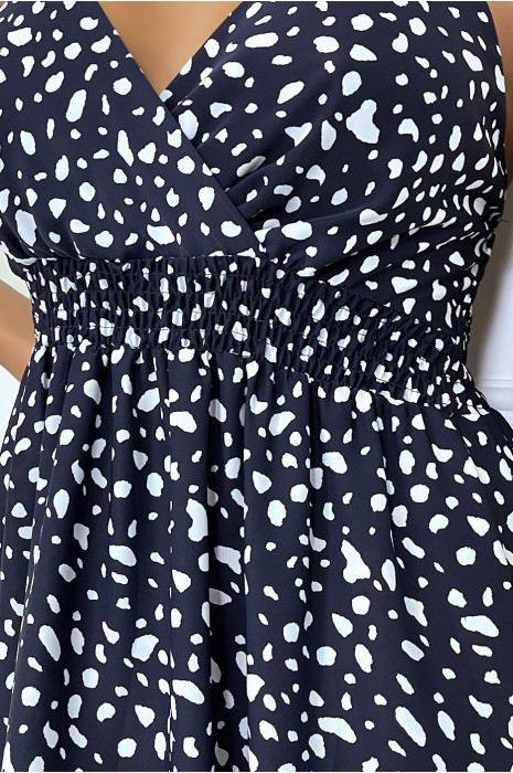 Long navy dress with white pattern crossed at the bust with elastic at the waist and at the back - 7