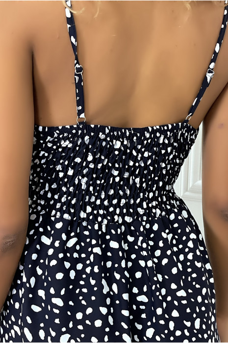 Long navy dress with white pattern crossed at the bust with elastic at the waist and at the back - 9