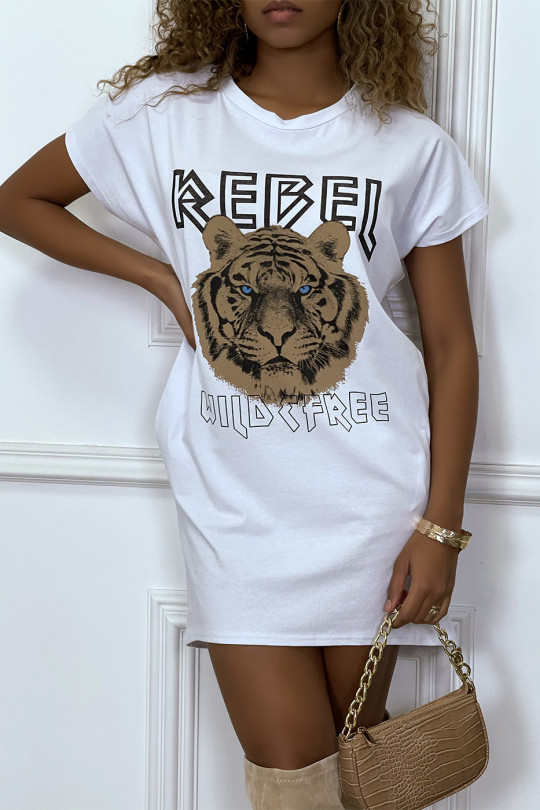 White t-shirt dress with pockets and REBEL writing with lion design - 1