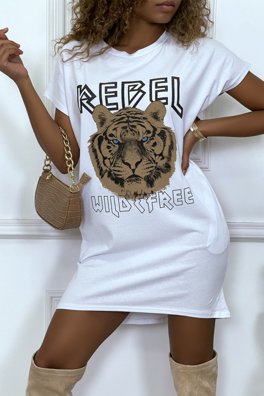 White t-shirt dress with pockets and REBEL writing with lion design - 2