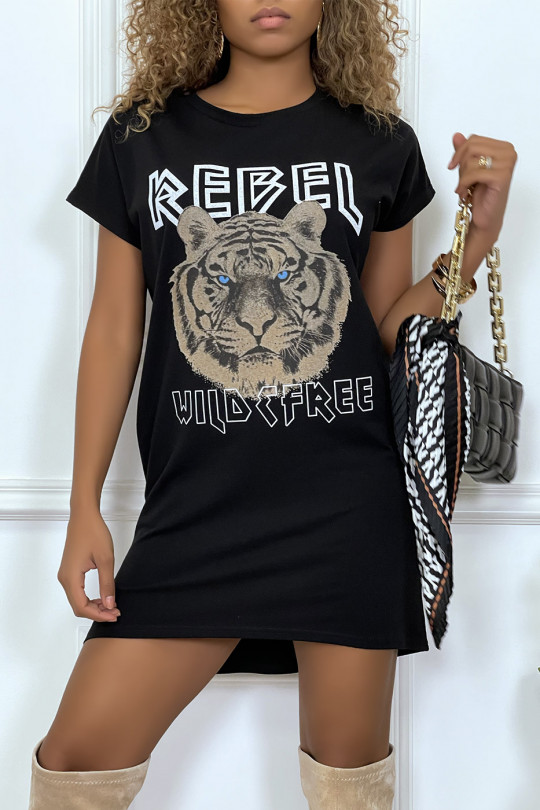 Robe t-shirt noir avec poches et écriture REBEL avec dessin de lion - 4