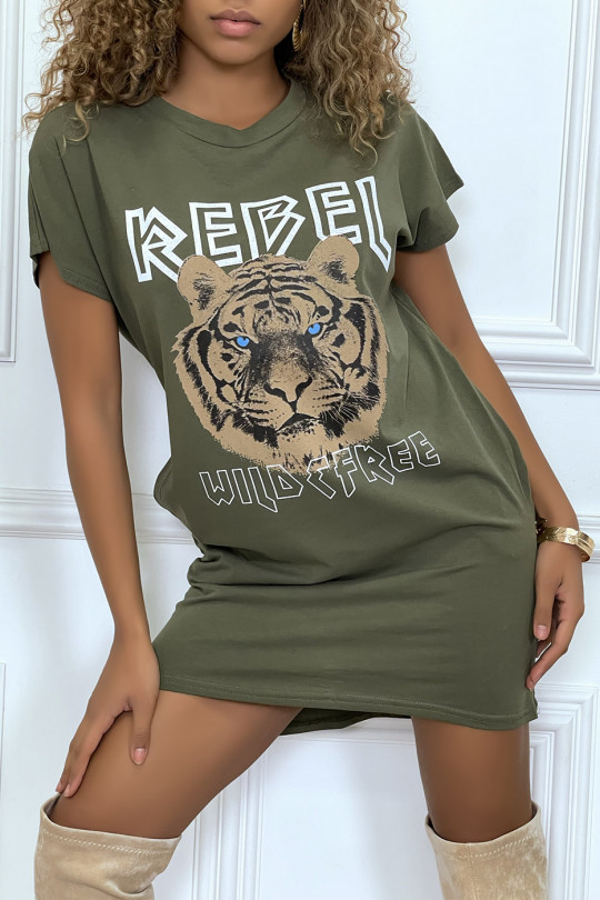 Khaki t-shirt dress with pockets and REBEL writing with lion design - 1