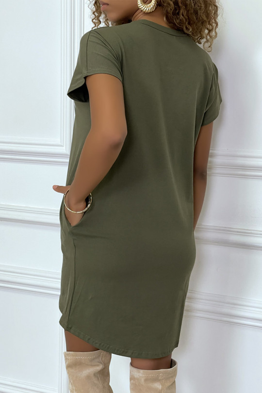 Khaki t-shirt dress with pockets and REBEL writing with lion design - 4