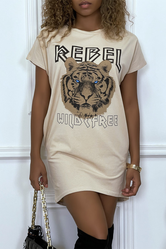 Beige t-shirt dress with pockets and REBEL writing with lion design - 3