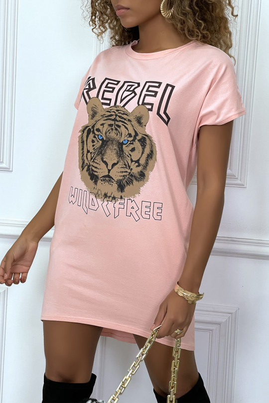 Pink t-shirt dress with pockets and REBEL writing with lion design - 1