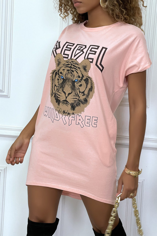 Pink t-shirt dress with pockets and REBEL writing with lion design - 2