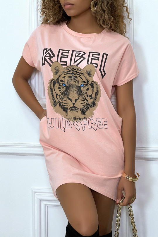 Pink t-shirt dress with pockets and REBEL writing with lion design - 3