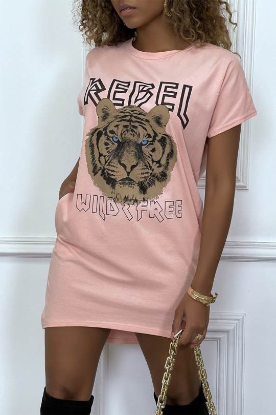 Pink t-shirt dress with pockets and REBEL writing with lion design - 4