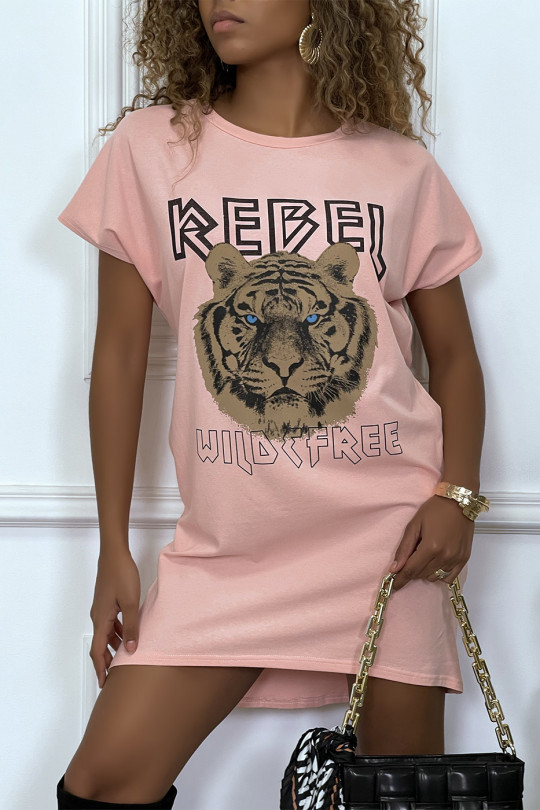 Pink t-shirt dress with pockets and REBEL writing with lion design - 5