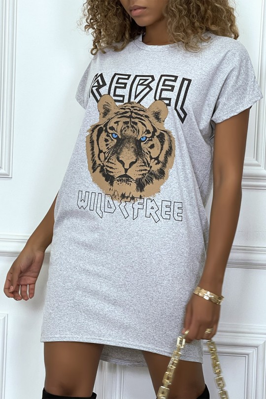 Gray t-shirt dress with pockets and REBEL writing with lion design - 1
