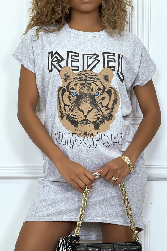 Gray t-shirt dress with pockets and REBEL writing with lion design - 2