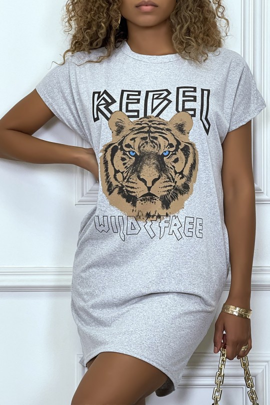 Gray t-shirt dress with pockets and REBEL writing with lion design - 4