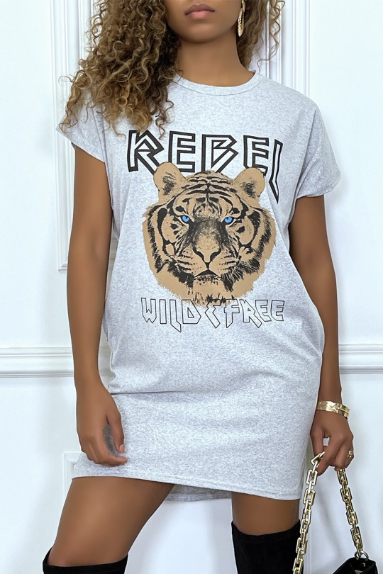 Gray t-shirt dress with pockets and REBEL writing with lion design - 6