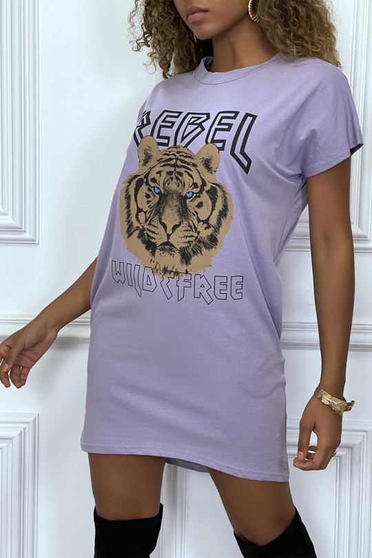 Lila t-shirt dress with pockets and REBEL writing with lion design - 2