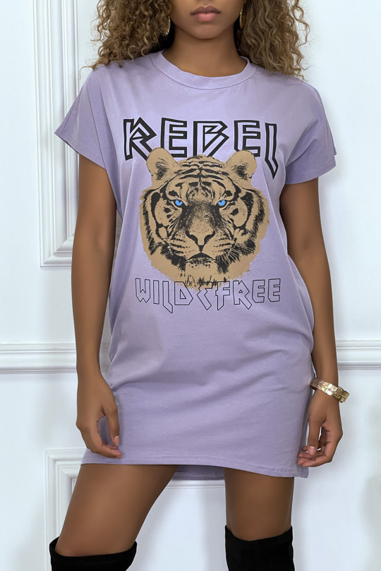 Lila t-shirt dress with pockets and REBEL writing with lion design - 3