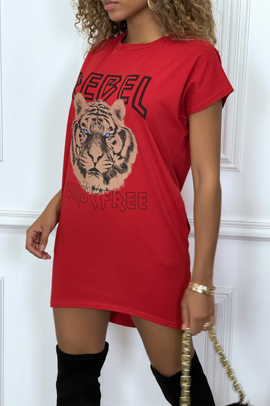 Red t-shirt dress with pockets and REBEL writing with lion design - 1