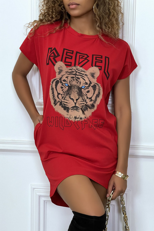Red t-shirt dress with pockets and REBEL writing with lion design - 2