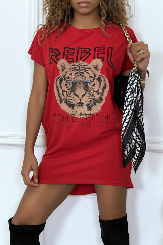 Red t-shirt dress with pockets and REBEL writing with lion design - 4