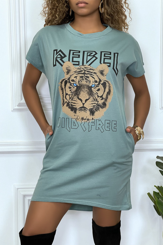 Water green t-shirt dress with pockets and REBEL writing with lion design - 1