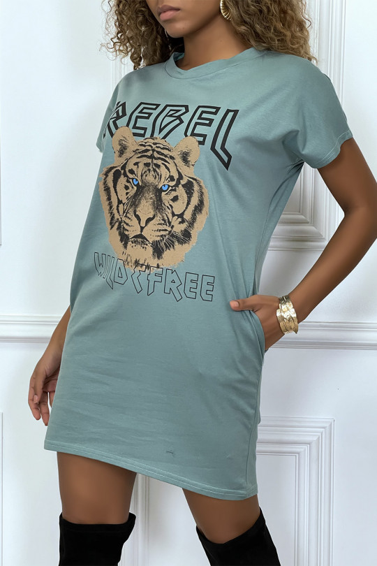 Water green t-shirt dress with pockets and REBEL writing with lion design - 2