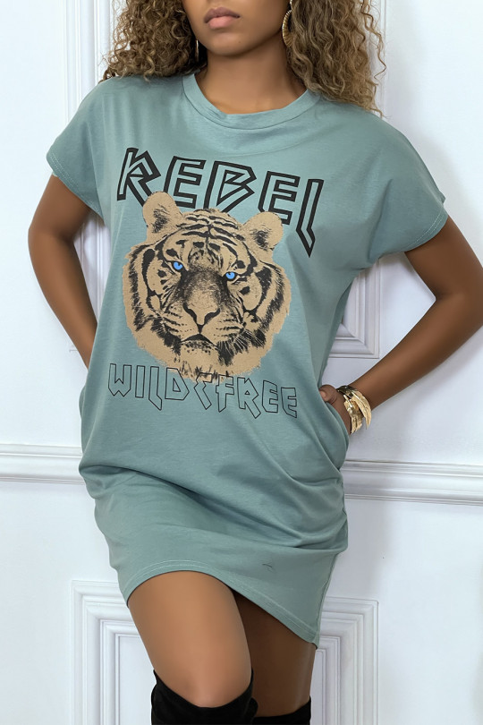Water green t-shirt dress with pockets and REBEL writing with lion design - 3
