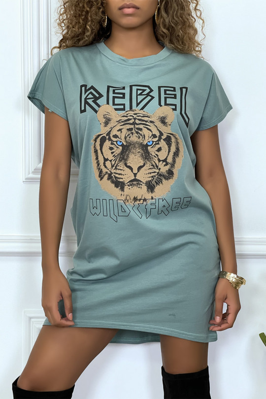 Water green t-shirt dress with pockets and REBEL writing with lion design - 4