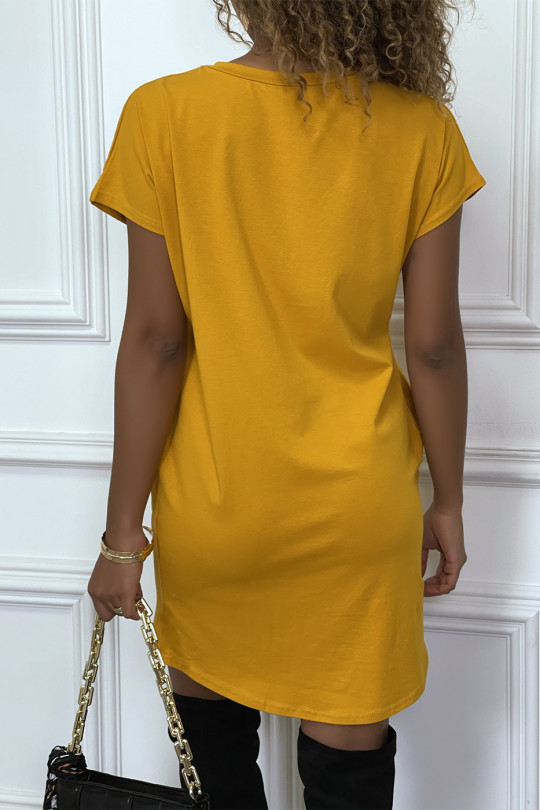 Mustard t-shirt dress with pockets and REBEL writing with lion design - 4