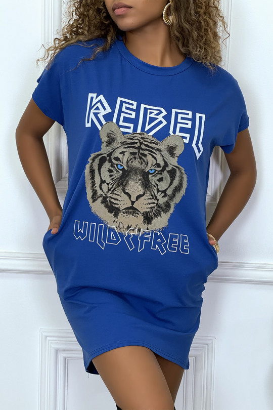 RoRR t-shirt royal avec poches et écriture REBEL avec dessin de lion - 1
