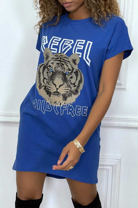 Royal t-shirt dress with pockets and REBEL writing with lion design - 2