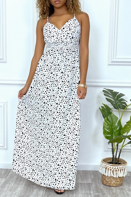 Lange witte jurk met zwart patroon gekruist bij de buste met elastiek in de taille en aan de achterzijde - 4