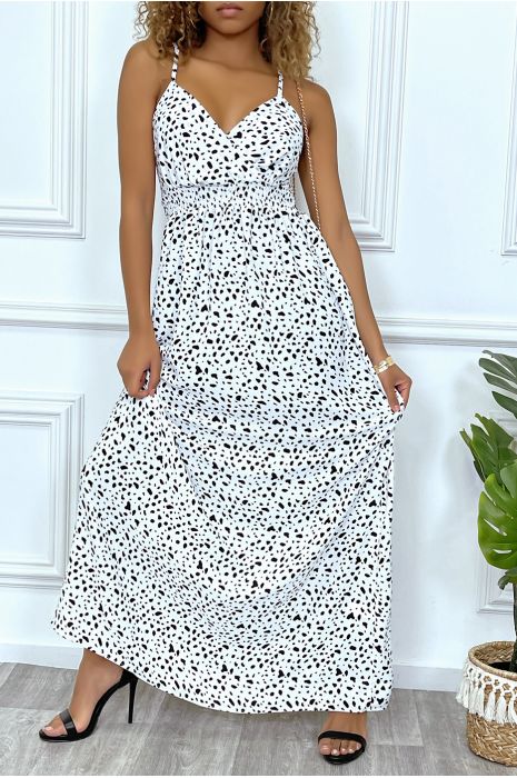 Longue robe blanche motif noir croisé au buste cintré avec élastique à la taille et au dos - 5