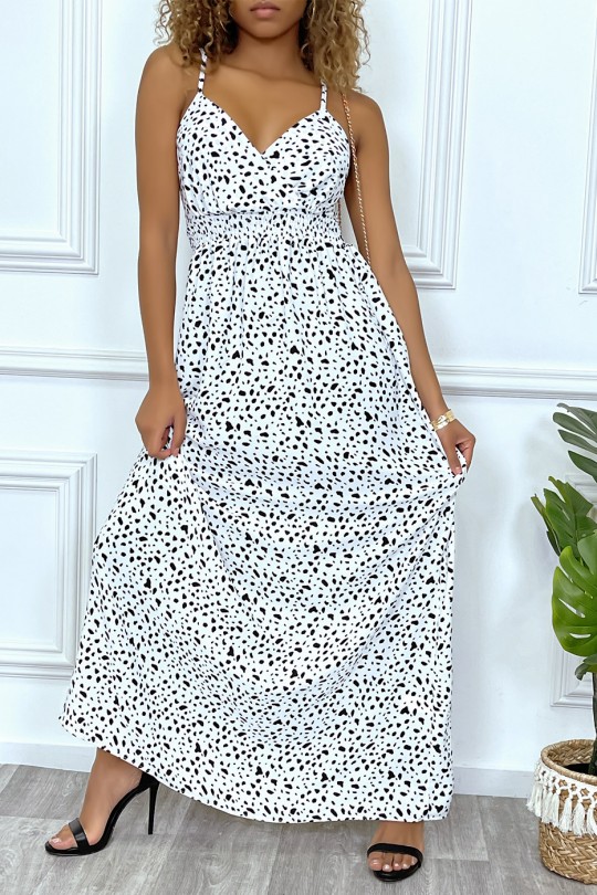 Lange witte jurk met zwart patroon gekruist bij de buste met elastiek in de taille en aan de achterzijde - 5