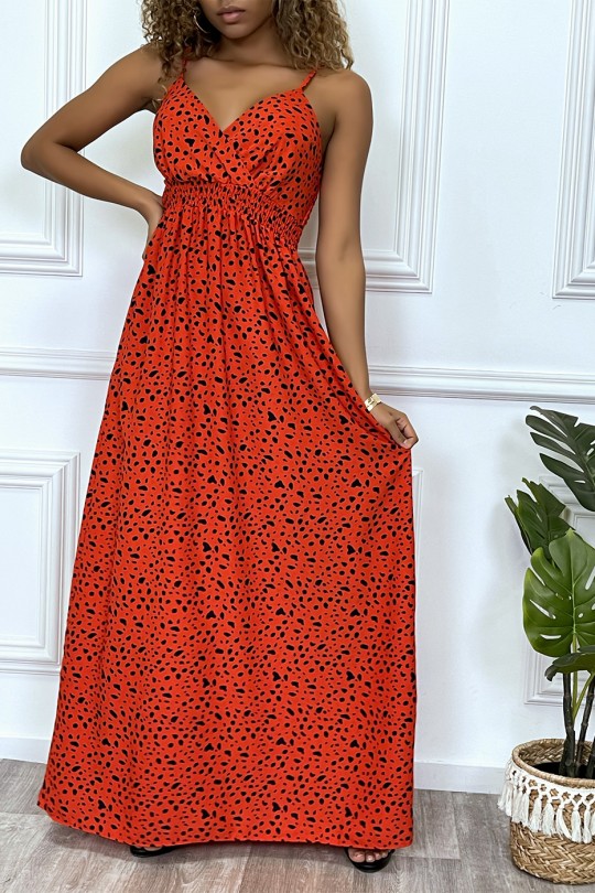 Longue robe rouge motif noir croisé au buste cintré avec élastique à la taille et au dos - 1