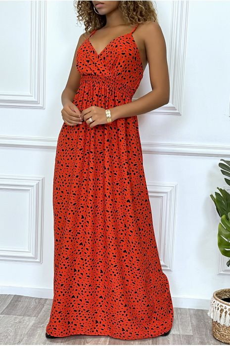 Longue robe rouge motif noir croisé au buste cintré avec élastique à la taille et au dos - 3