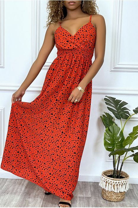 Longue robe rouge motif noir croisé au buste cintré avec élastique à la taille et au dos - 5