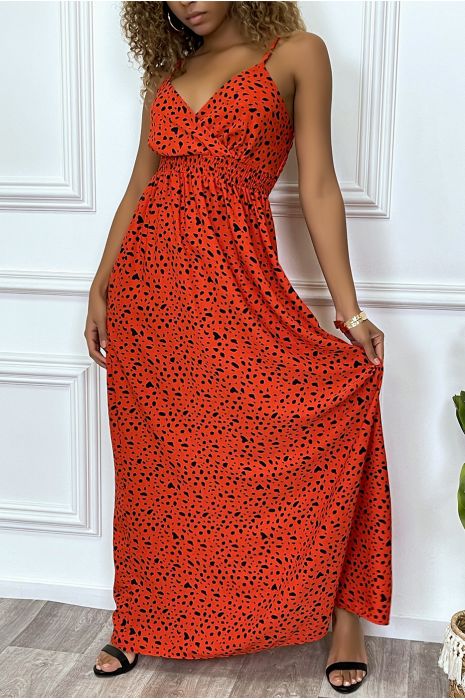 Longue robe rouge motif noir croisé au buste cintré avec élastique à la taille et au dos - 6