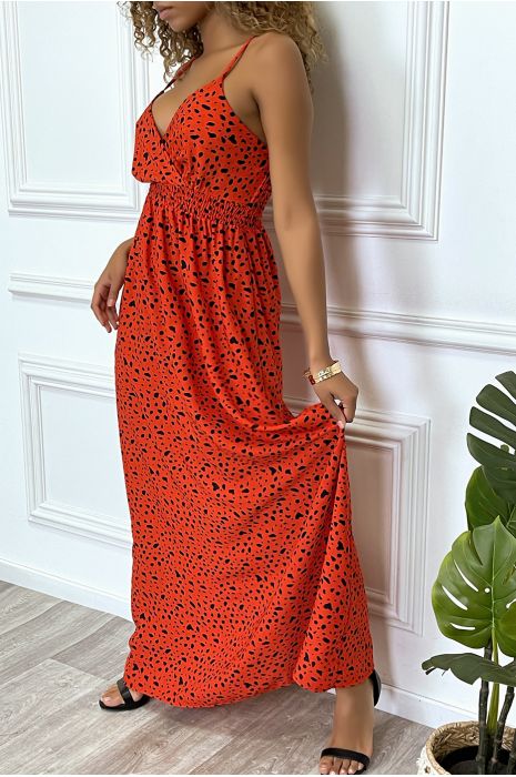 Longue robe rouge motif noir croisé au buste cintré avec élastique à la taille et au dos - 8