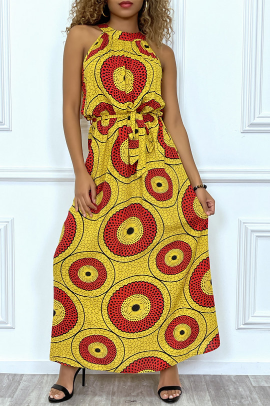 Longue robe jaune et rouge motif africain très chic et tendance - 1