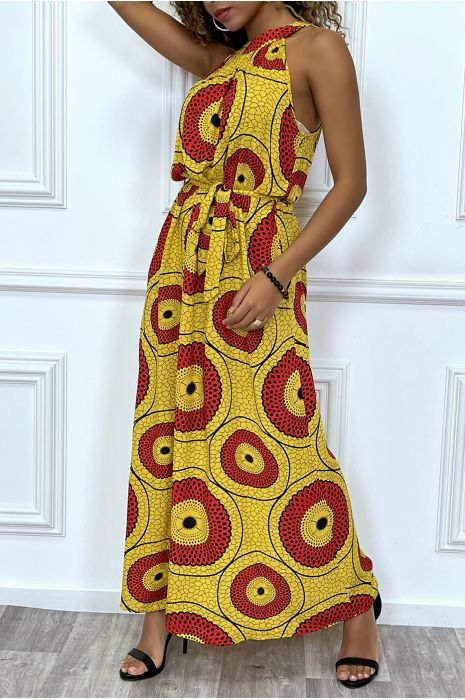 Longue robe jaune et rouge motif africain très chic et tendance - 3