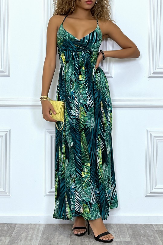 Long black dress crossed at the bust with removable straps with green leaf pattern - 2