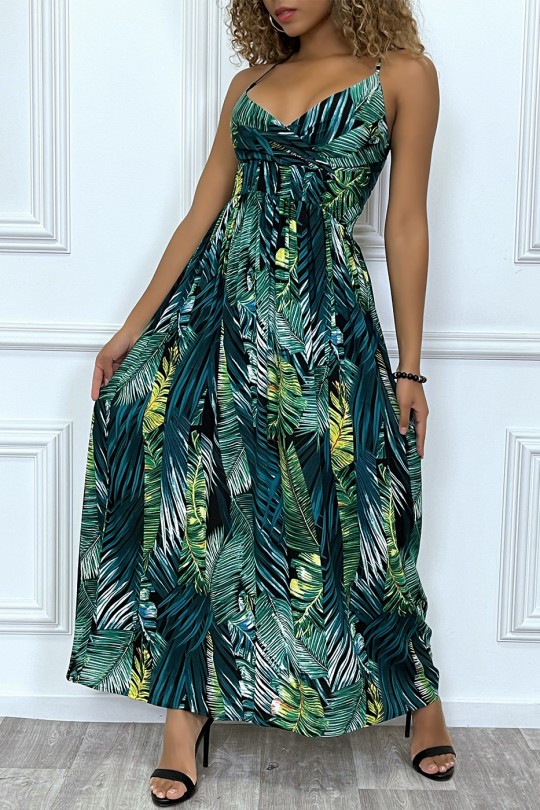 Long black dress crossed at the bust with removable straps with green leaf pattern - 3