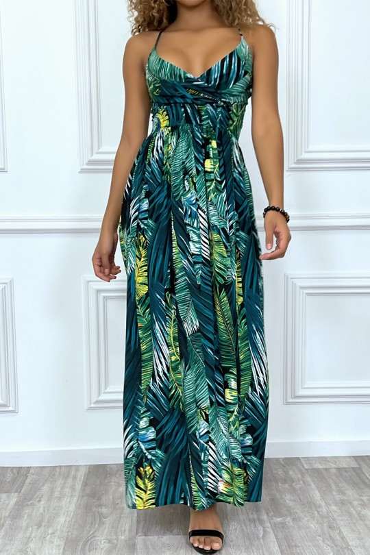 Long black dress crossed at the bust with removable straps with green leaf pattern - 4