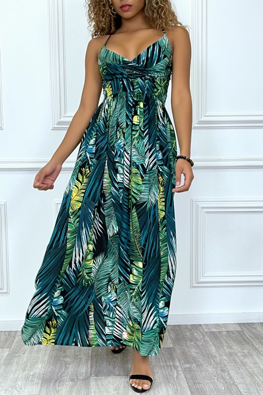Long black dress crossed at the bust with removable straps with green leaf pattern - 5