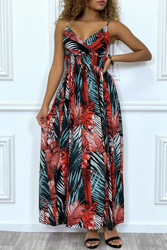 Long black dress crossed at the bust with removable straps with red and green leaf pattern - 1