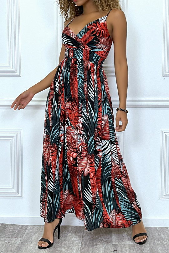Long black dress crossed at the bust with removable straps with red and green leaf pattern - 2
