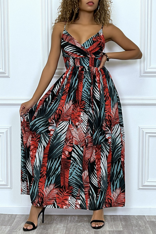 Long black dress crossed at the bust with removable straps with red and green leaf pattern - 5